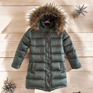 Appaman Long Down Puffer Coat Faux Fur Trim Hood Olive Metallic Girl's 8